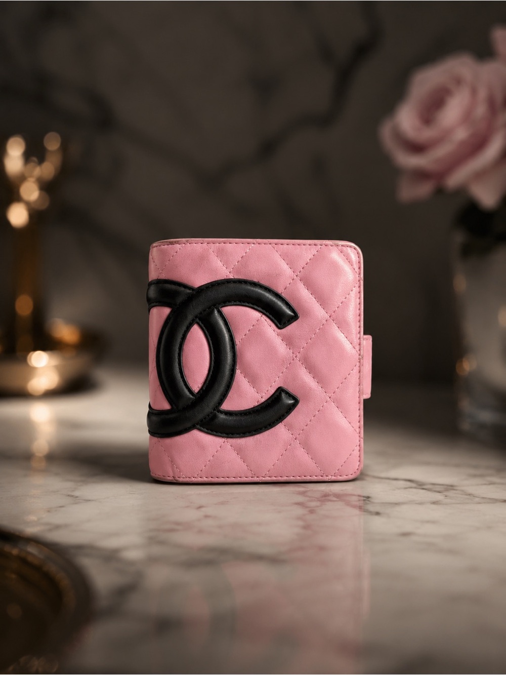 CHANEL Cambon Ligne Quilted Lambskin Bifold Wallet Pink & Black | Full Set | COA